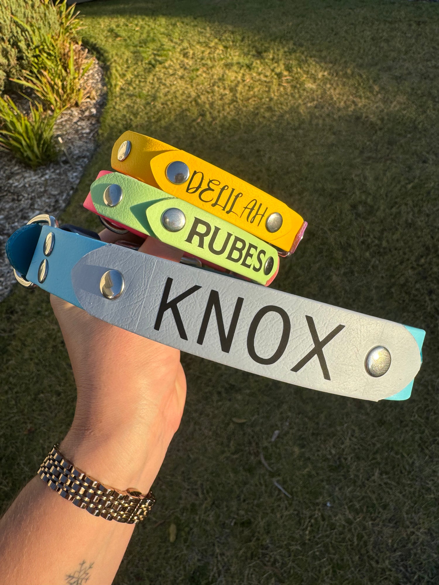 Colourful custom Biothane name badges