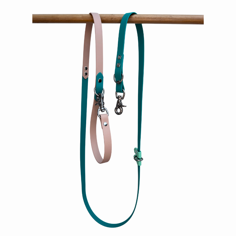 Sand and turquoise Biothane dog lead on a wooden rod against a white background

