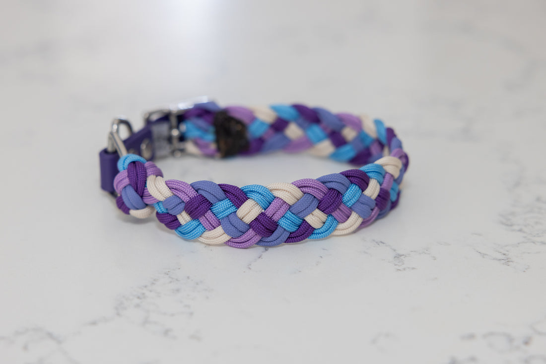A multicolored paracord dog collar with purples, blue and cream strand displayed on a marble background.