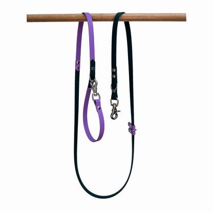 Emerald and amethyst Biothane Dog Lead on a wooden rod against a white background