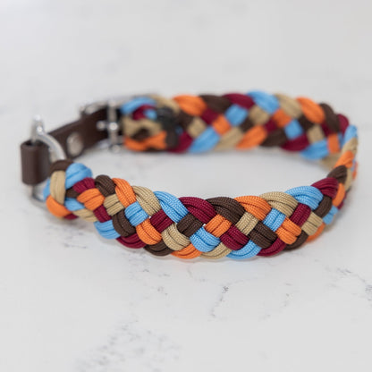 A multicolored paracord collar with a Biothane adapter and buckle, laid out on a flat surface.