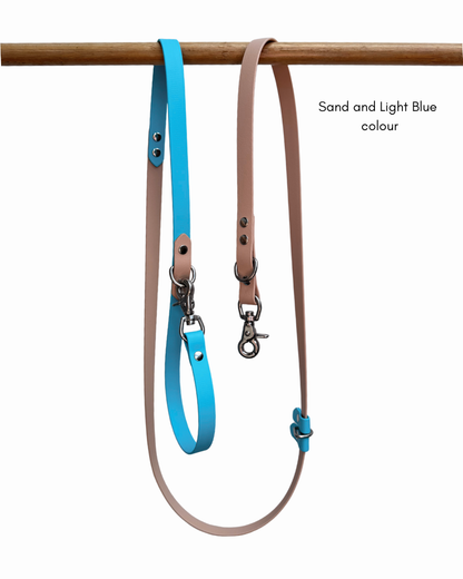 light blue and sand Biothane 5 in 1 dog leash